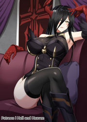 Rule 34 | 1girl, armored boots, artist name, ass, azur lane, bare shoulders, black footwear, black hair, black panties, black thighhighs, boots, breasts, buttons, crossed legs, double-breasted, elbow gloves, friedrich der grosse (azur lane), gloves, hair over one eye, hellandheaven, highres, horns, indoors, iron blood (emblem), large breasts, long hair, looking at viewer, mechanical arms, mechanical horns, panties, red gloves, red horns, sitting, solo, thighhighs, underwear, yellow eyes