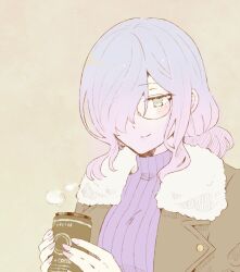 Rule 34 | 1girl, artist request, blush, breasts, cerejeira elron, coffee, fate/grand order, fate (series), green eyes, hair over one eye, holding, large breasts, long hair, looking down, multicolored hair, ponytail, purple lips, round eyewear, smile, sweater