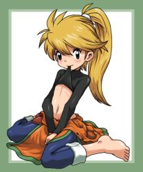 Rule 34 | 1girl, barefoot, blonde hair, clothes lift, creatures (company), feet, flat chest, full body, game freak, hun (uyonis), lowres, mouth hold, navel, nintendo, pokemon, pokemon adventures, ponytail, shirt lift, simple background, solo, white background, yellow (pokemon)