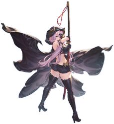 Rule 34 | 1girl, ass, back, black cloak, black footwear, black shorts, black thighhighs, blue eyes, breasts, cloak, draph, from behind, granblue fantasy, granblue fantasy versus: rising, high heels, highres, holding, holding sword, holding weapon, horns, large breasts, long hair, looking at viewer, narmaya (granblue fantasy), narmaya (the black butterfly) (granblue fantasy), official alternate costume, official art, pink hair, short shorts, shorts, solo, sword, thighhighs, transparent background, weapon