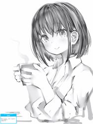 Rule 34 | 1girl, azki (hololive), bad id, bad pixiv id, blush, breasts, cleavage, collared shirt, cup, greyscale, highres, holding, holding cup, hololive, long sleeves, looking at viewer, medium hair, mole, mole under eye, monochrome, nanashi (nlo), shirt, simple background, smile, solo, upper body, virtual youtuber, white background, wing collar