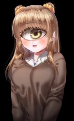 Rule 34 | 1girl, :3, :d, azen (mntimcczgrtn), black background, blush, breasts, brown hair, brown sweater, collared shirt, cyclops, fang, hair ornament, hair scrunchie, highres, large breasts, long hair, looking at viewer, one-eyed, open mouth, original, school uniform, scrunchie, shirt, simple background, smile, solo, sweater, upper body, white shirt, wing collar, yellow eyes
