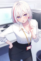 1girl absurdres alternate_costume arrow_hair_ornament black_pantyhose black_skirt blurry blurry_background breasts cleavage collared_shirt grey_hair hair_between_eyes hand_on_own_hip hand_up highres honkai:_star_rail honkai_(series) id_card index_finger_raised indoors long_sleeves looking_at_viewer office_lady open_mouth pantyhose red_hair sakuno_(sksk_sakuno) shirt short_hair skirt solo standing topaz_(honkai:_star_rail) white_shirt