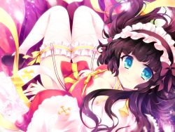 Rule 34 | 1girl, alternate color, arch bishop (ragnarok online), black hair, blue eyes, blush, breasts, cleavage, garter straps, hairband, highres, large breasts, long hair, looking at viewer, mini koala, ragnarok online, smile, solo, thighhighs, white thighhighs