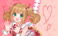 Rule 34 | 1girl, ahoge, blush, bow, brown hair, chiaki1126iove, fake wings, green eyes, hair bow, heart, heart hands, idolmaster, idolmaster cinderella girls, looking at viewer, mini wings, patterned background, patterned clothing, sato shin, shirt, sleeveless, sleeveless shirt, smile, solo, twintails, white wings, wings, wrist cuffs