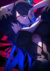 Rule 34 | 1girl, armpits, asymmetrical horns, bare shoulders, black hair, blue hair, breasts, colored inner hair, commentary, demon horns, english commentary, hair ornament, highres, hololive, hololive english, horns, large breasts, long hair, looking at viewer, masaya tayo, mole, mole under eye, multicolored hair, nerissa ravencroft, presenting armpit, red eyes, smile, solo, two-tone hair, underboob, uneven horns, virtual youtuber