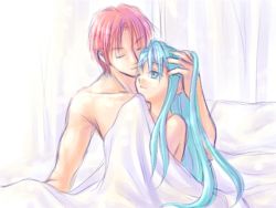 Rule 34 | aftersex, aqua eyes, aqua hair, bare shoulders, bed, couple, covering privates, curtains, eirika (fire emblem), closed eyes, fire emblem, fire emblem: the sacred stones, hand on head, happy, hug, knight, long hair, nintendo, nude, nude cover, one eye closed, pillow, princess, red hair, seth (fire emblem), short hair, sitting, smile, under covers, very long hair, wink