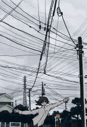 Rule 34 | 1girl, absurdres, black hair, building, cloud, cloudy sky, grey sky, highres, long sleeves, original, outdoors, outstretched arms, power lines, scenery, shirt, short hair, sign, sky, solo, transmission tower, tree, uniunimikan, utility pole, white shirt