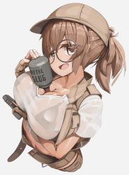 Rule 34 | 1girl, baseball cap, belt, between breasts, bikini, bikini top only, breasts, brown hair, cleavage, explosive, fio germi, from above, genek, glasses, grenade, gun, handgun, hat, large breasts, looking at viewer, metal slug, no panties, open mouth, pistol, ponytail, round eyewear, see-through, shiny skin, shirt, shorts, simple background, snk, solo, standing, swimsuit, unzipped, vest, weapon, wet, wet clothes, wet shirt, white background