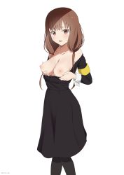 Rule 34 | 1girl, absurdres, alternate breast size, armband, black pantyhose, blush, breast lift, breasts, breasts out, brown eyes, brown hair, cleavage, clothes pull, coro fae, dot nose, dress pull, furrowed brow, highres, iino miko, kaguya-sama wa kokurasetai ~tensai-tachi no renai zunousen~, long hair, looking at viewer, low twintails, medium breasts, nipples, pantyhose, parted lips, pulling own clothes, school uniform, shuuchiin academy school uniform, simple background, solo, sweat, twintails, uniform, white background
