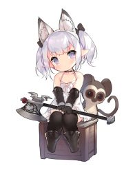 Rule 34 | 1girl, animal, animal ears, axe, battle axe, black gloves, black thighhighs, cat ears, choker, collarbone, crate, dress, elbow gloves, fake animal ears, final fantasy, final fantasy xiv, fox ears, gloves, grey eyes, hairband, holding, lalafell, looking at viewer, monkey, pointy ears, saru, silver hair, simple background, sitting, solo, thighhighs, twintails, weapon, white background, white dress, zettai ryouiki