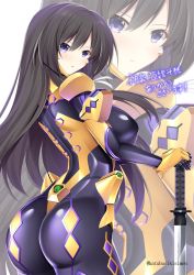 Rule 34 | 1girl, :o, ass, blush, breasts, brown hair, commission, fortified suit, from side, hand on hilt, highres, katubusi kisimen, large breasts, long hair, muv-luv, muv-luv alternative, muv-luv total eclipse, open mouth, pilot suit, purple eyes, second-party source, skeb commission, skin tight, smile, solo, takamura yui, twitter username, zoom layer
