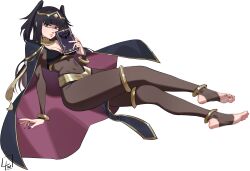 Rule 34 | 1girl, absurdres, arm support, artist logo, black bra, black cape, black hair, blunt bangs, bodysuit, book, bra, bracelet, breasts, brown bodysuit, cape, censored, censored feet, commentary, covered navel, crossed legs, eyelashes, feet, fire emblem, fire emblem awakening, full body, gold trim, green eyes, hand up, highres, holding, holding book, invisible chair, jewelry, l4wless, leaning back, legs, lips, long hair, long legs, looking at viewer, medium breasts, nail polish, nintendo, no shoes, sidelocks, simple background, sitting, solo, stirrup legwear, tharja (fire emblem), tiara, toeless legwear, toenail polish, toenails, toes, two side up, underwear, white background