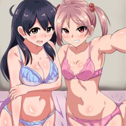 Rule 34 | 10s, 2girls, bed, bed sheet, black hair, blue bra, blue panties, blush, bra, breast hold, breasts, brown eyes, cleavage, cowboy shot, foreshortening, grin, hair bobbles, hair ornament, kantai collection, large breasts, lingerie, long hair, looking at viewer, multiple girls, open mouth, outstretched arm, panties, parted bangs, pink bra, pink hair, pink panties, reaching, reaching towards viewer, red eyes, sazanami (kancolle), selfie, senshiya, shiny skin, side-by-side, smile, twintails, underwear, underwear only, ushio (kancolle)