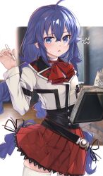 Rule 34 | 1girl, absurdres, ahoge, ascot, baba kirika, belt, black belt, blue eyes, blue hair, book, braid, cropped jacket, highres, holding, holding book, jacket, looking at viewer, mushoku tensei, red ascot, red skirt, roxy migurdia, skirt, solo, thighhighs, twintails, white jacket, white thighhighs