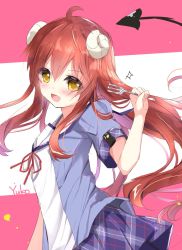 Rule 34 | 1girl, :d, blush, brown hair, character name, commentary request, curled horns, demon girl, demon horns, demon tail, fang, fork, hair between eyes, hand up, highres, holding, holding fork, horns, kouda suzu, long hair, machikado mazoku, neck ribbon, open mouth, pink background, plaid, plaid skirt, pleated skirt, purple shirt, purple skirt, red ribbon, ribbon, shirt, short sleeves, skirt, smile, solo, tail, tail raised, two-tone background, very long hair, white background, yellow eyes, yoshida yuuko (machikado mazoku)