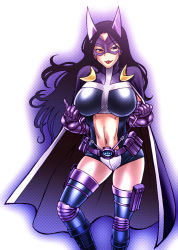 Rule 34 | 1girl, :p, animification, belt, belt pouch, black hair, black thighhighs, boots, breasts, breasts apart, cape, chiba toshirou, clothing cutout, costume, dc comics, elbow gloves, female focus, gloves, halftone, harness, huntress (dc), justice league, knee boots, knee pads, large breasts, leotard, long hair, looking at viewer, mask, midriff, naughty face, navel cutout, outline, pouch, purple eyes, purple gloves, solo, standing, strap pull, superhero costume, thigh pouch, thigh strap, thighhighs, toned, tongue, tongue out, turtleneck, utility belt, very long hair, wavy hair, zettai ryouiki