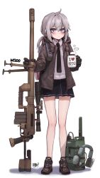 Rule 34 | 1girl, backpack, bag, black gloves, black necktie, black skirt, blush, bolt action, brown jacket, character name, cheytac m200, closed mouth, collar, cup, field radio, full body, girls&#039; frontline, gloves, grey hair, gun, headphones, highres, holding, holding cup, hood, hood down, hooded jacket, jacket, kokukyukeo, long hair, long sleeves, m200 (girls&#039; frontline), miniskirt, necktie, open clothes, open jacket, purple eyes, rifle, shirt, shoes, sidelocks, signature, skirt, sneakers, sniper rifle, solo, standing, steam, weapon, white shirt