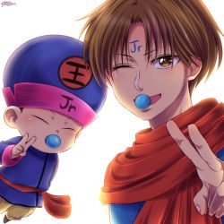 Rule 34 | 2boys, backlighting, brown eyes, brown hair, dual persona, facial mark, forehead mark, hat, japanese clothes, kameron, koenma, male focus, multiple boys, one eye closed, open mouth, pacifier, red scarf, scarf, signature, smile, v, yuu yuu hakusho