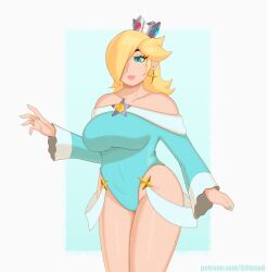 Rule 34 | 1girl, absurdres, blonde hair, blue dress, blue eyes, blush, breast focus, breasts, dress, female focus, highres, large breasts, large lips, looking to the side, mario (series), nintendo, ozimand, rosalina, simple background, solo, standing, star (symbol), super mario galaxy, tight clothes