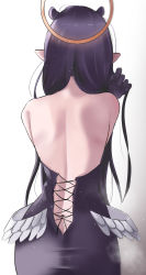 Rule 34 | 1girl, absurdres, back, back focus, backless dress, backless outfit, bare back, bare shoulders, black dress, black hair, dress, from behind, gradient background, grey background, halo, highres, hololive, hololive english, long hair, low wings, ninomae ina&#039;nis, pointy ears, solo, virtual youtuber, white background, wings, zd (pixiv6210083)