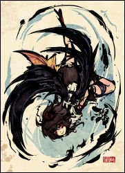 Rule 34 | 1girl, bird wings, black wings, brown hair, hand fan, feathers, female focus, framed, hat, looking at viewer, red eyes, shameimaru aya, shirt, short hair, short sleeves, skirt, smile, solo, tokiame, tokin hat, tongue, tongue out, touhou, upside-down, wings, wrist cuffs