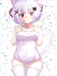 Rule 34 | 1girl, animal ear fluff, animal ears, ashitaba kemo, bandaid, bandaid on cheek, bandaid on face, bare arms, bare shoulders, blush, breasts, cat ears, cat hair ornament, closed mouth, collarbone, commentary request, covered navel, flying sweatdrops, hair ornament, hair ribbon, hairclip, hands up, highres, looking at viewer, medium breasts, nose blush, old school swimsuit, one-piece swimsuit, original, purple eyes, red ribbon, ribbon, school swimsuit, solo, swimsuit, thighhighs, white background, white hair, white one-piece swimsuit, x hair ornament
