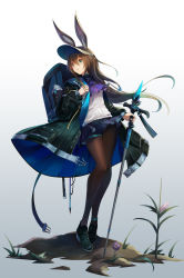 Rule 34 | 1girl, :o, absurdres, amiya (arknights), animal ears, anklet, ar (3779609928), arknights, backpack, bag, black coat, black footwear, black pantyhose, blue eyes, blue nails, blue skirt, brown hair, cane, chinese commentary, coat, commentary request, full body, hair between eyes, highres, holding, holding cane, jewelry, long hair, looking away, looking to the side, miniskirt, nail polish, neck ring, off shoulder, open clothes, open coat, open mouth, pantyhose, plaid, plaid skirt, pleated skirt, purple neckwear, rabbit ears, shoes, sidelocks, skirt, sleeveless, sleeveless sweater, solo, standing, sweater, white background, white sweater