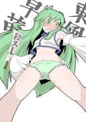 Rule 34 | 1girl, big hair, blush, body writing, breasts, character name, crop top, detached sleeves, frog hair ornament, full-face blush, gohei, green eyes, green hair, green panties, hair ornament, kochiya sanae, legs apart, long hair, looking to the side, matching hair/eyes, medium breasts, navel, oonusa, panties, sharp teeth, snake hair ornament, solo, stance, stomach, tearing up, teeth, text focus, touhou, translation request, underboob, underwear, very long hair, vest, wide sleeves, wide stance, zannen na hito