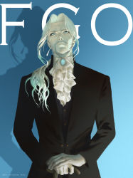 Rule 34 | 1boy, absurdres, ascot, beard, blonde hair, blue background, blue eyes, brooch, buttons, cane, closed mouth, copyright name, earrings, expressionless, facial hair, fate/grand order, fate (series), forehead, formal, gem, hair over shoulder, highres, jewelry, long hair, long sleeves, looking at viewer, lost elle, low ponytail, male focus, simple background, suit, twitter username, upper body, vlad iii (fate/apocrypha), white ascot