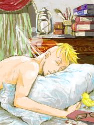 Rule 34 | 1boy, bed, bird, blonde hair, book, curtains, glasses, indoors, lamp, male focus, marco (one piece), one piece, pillow, quill, topless male, sleeping, solo