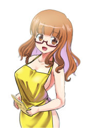 Rule 34 | 10s, 1girl, apron, book, breasts, brown eyes, brown hair, girls und panzer, glasses, large breasts, long hair, looking at viewer, naked apron, open mouth, red-framed eyewear, shiina excel, smile, solo, takebe saori