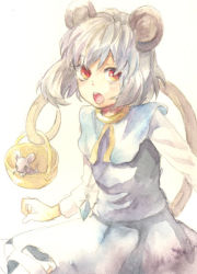 Rule 34 | 1girl, animal ears, basket, female focus, mouse (animal), mouse ears, nazrin, painting (medium), solo, standing, tail, tomobe kinuko, touhou, traditional media, watercolor (medium), white background