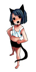 Rule 34 | animal ears, bad id, bad pixiv id, barefoot, bike shorts, blush, brown eyes, child, flat chest, hands on own hips, midriff, mosho, short hair, solo, tail