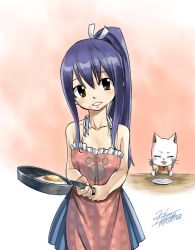 Rule 34 | 1girl, apron, blue dress, blue hair, breasts, brown eyes, charle (fairy tail), cleavage, closed eyes, collarbone, dress, fairy tail, food, hair ribbon, head tilt, high ponytail, holding, long hair, looking at viewer, mashima hiro, official art, omelet, open mouth, pleated dress, ribbon, signature, sleeveless, sleeveless dress, small breasts, solo, very long hair, wendy marvell, white ribbon