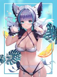 Rule 34 | 1girl, :3, adapted costume, animal ears, azur lane, bare shoulders, bikini, blue eyes, blush, breasts, cat ears, cheshire (azur lane), cleavage, closed mouth, collarbone, cowboy shot, criss-cross halter, fake animal ears, fang, frilled bikini, frills, garter belt, gluteal fold, hair intakes, halterneck, hands up, headdress, highres, large breasts, looking at viewer, mismatched bikini, monini, multi-strapped bikini, multicolored hair, navel, paw pose, purple hair, short hair, skindentation, solo, stomach, streaked hair, swimsuit, thighhighs, thighs, white bikini, wrist cuffs