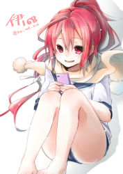 Rule 34 | 10s, 1girl, bare legs, cellphone, fang, hair ribbon, i-168 (kancolle), kantai collection, knees up, legs together, long hair, looking at phone, low-tied long hair, nerokuro, phone, ponytail, red eyes, red hair, ribbon, sailor collar, scarf, school swimsuit, school uniform, serafuku, simple background, sitting, smartphone, smile, solo, swimsuit, swimsuit under clothes, white background, white ribbon