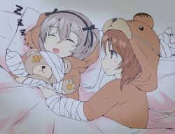 Rule 34 | 10s, 2girls, animal costume, bandages, bear costume, bed, bed sheet, black ribbon, boko (girls und panzer), boko (girls und panzer) (cosplay), brown eyes, brown hair, closed eyes, closed mouth, cosplay, gedou (ge ge gedou), girls und panzer, hair ribbon, holding, holding stuffed toy, light brown hair, light smile, long hair, looking at another, lying, multiple girls, nishizumi miho, on back, on side, open mouth, pajamas, pillow, ribbon, shimada arisu, short hair, side ponytail, sleeping, stuffed animal, stuffed toy, teddy bear, zzz