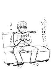 Rule 34 | 1boy, ankle cuffs, atlus, bdsm, bondage, bound, couch, greyscale, male focus, monochrome, narukami yuu, persona, persona 4, topless male, short twintails, solo, translation request, twintails, zon nura
