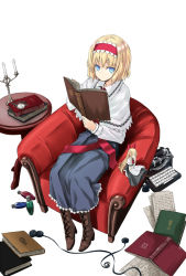 Rule 34 | 1girl, alice margatroid, blonde hair, blue eyes, book, boots, doll, female focus, from above, full body, hairband, looking at viewer, nabeshima tetsuhiro, open book, reading, shanghai doll, short hair, simple background, sitting, solo, touhou, typewriter