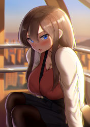 Rule 34 | 1girl, black pantyhose, black skirt, blue sky, blurry, blurry background, blush, bralines, breasts, brown hair, city, cityscape, cleavage, commentary request, evening, ferris wheel, ferris wheel interior, hair between eyes, jewelry, large breasts, long sleeves, looking at viewer, maku ro, necklace, open mouth, original, pantyhose, pleated skirt, red shirt, shirt, skindentation, skirt, sky, solo, undersized bra, white-framed eyewear