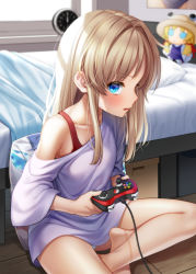Rule 34 | 1girl, alternate costume, alternate hairstyle, aqua eyes, armpits, asymmetrical sleeves, bare legs, barefoot, bed, bed sheet, blonde hair, blurry, blush, casual, clock, collarbone, commentary, contemporary, controller, depth of field, doll, flat chest, fumo (doll), game controller, highres, holding, holding controller, indian style, indoors, looking at viewer, looking to the side, loose clothes, loose shirt, moriya suwako, nora wanko, panties, panty peek, pillow, profile, shirt, sitting, solo, sunlight, sweatdrop, thighs, touhou, underwear, uneven sleeves