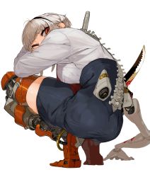 Rule 34 | 1girl, absurdres, ass, back, blood, bloody weapon, breasts, closed eyes, grey hair, hairband, highres, looking at viewer, mechanical arms, mechanical legs, original, red eyes, simple background, single mechanical arm, skirt, solo, squatting, sword, tiptoes, weapon, white background, yunimaru