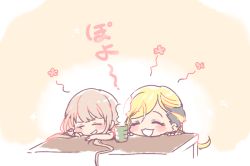 Rule 34 | 10s, 2girls, :3, :d, ^ ^, aura, blonde hair, blush, catchphrase, chibi, chimoon, commentary, cup, closed eyes, fujimoto rina, futaba anzu, head on table, idolmaster, idolmaster cinderella girls, long hair, low twintails, multicolored hair, multiple girls, open mouth, smile, spoken flower, steam, table, translated, twintails, two-tone background, two-tone hair
