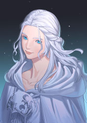 Rule 34 | 1girl, blue background, blue eyes, braid, collarbone, commentary, final fantasy, final fantasy xiv, gradient background, grey robe, half updo, hood, hood down, hooded robe, long hair, looking to the side, mask, unworn mask, mella, parted hair, robe, silver hair, single braid, smile, solo, upper body, venat (ff14)
