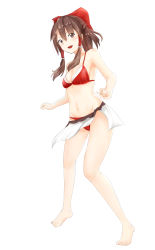 Rule 34 | &gt;:d, 1girl, :d, barefoot, bikini, blush, bow, breasts, brown eyes, brown hair, character name, hair bow, hair ribbon, hair tubes, hakurei reimu, highres, looking at viewer, navel, nise (  nise6  ), open mouth, ribbon, sarong, sidelocks, small breasts, smile, solo, stomach, swimsuit, tiptoes, toes, touhou, v-shaped eyebrows