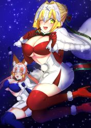 Rule 34 | 10s, 2girls, absurdres, ahoge, alternate costume, bad id, bad pixiv id, bell, bikini, bikini top only, blonde hair, blue bikini, blue gloves, blue thighhighs, breasts, christmas, closed eyes, cosplay, elbow gloves, fate/extra, fate/grand order, fate (series), fur trim, gloves, green eyes, green ribbon, hair intakes, headpiece, highres, jeanne d&#039;arc (fate), jeanne d&#039;arc alter santa lily (fate), jeanne d&#039;arc alter santa lily (fate) (cosplay), jingle bell, large breasts, looking at viewer, multiple girls, nero claudius (fate), nero claudius (fate) (all), nero claudius (fate/extra), night, one eye closed, pink hair, red bikini, red gloves, red legwear, ribbon, santa costume, snow, snowing, swimsuit, tamamo (fate), tamamo no mae (fate/extra), thighhighs, yayoi maka