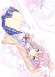 Rule 34 | 1girl, blue eyes, blue ribbon, blue shirt, blue skirt, brown jacket, chiyoda momo, closed mouth, commentary request, drawstring, feet out of frame, floral background, hair between eyes, hair ornament, hairclip, highres, hizaka, holding, holding wand, jacket, machikado mazoku, neck ribbon, open clothes, open jacket, outline, plaid, plaid skirt, pleated skirt, purple hair, ribbon, shirt, skirt, solo, thighhighs, upside-down, wand, white outline, white thighhighs