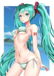 Rule 34 | 1girl, bad id, bad pixiv id, beach, bikini, breasts, green eyes, green hair, hatsune miku, highres, itogari, long hair, looking at viewer, nail polish, number tattoo, small breasts, smile, striped bikini, striped clothes, swimsuit, tattoo, twintails, vocaloid