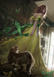 Rule 34 | 1girl, akreon, back, bare shoulders, breasts, brown hair, bug, butterfly, cat, cleavage, dress, elf, green butterfly, gwent (game), highres, insect, long hair, long skirt, looking back, magic, makeup, medium breasts, official art, pointy ears, skirt, sleeveless, sleeveless dress, tape, yellow dress